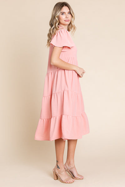 Collared V Neck Tiered Babydoll Midi Dress