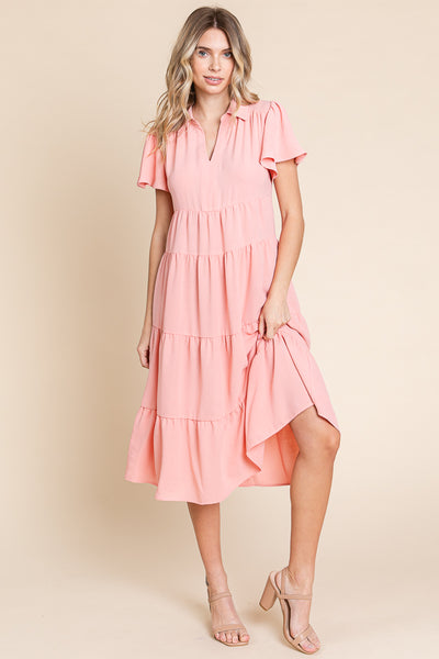 Collared V Neck Tiered Babydoll Midi Dress