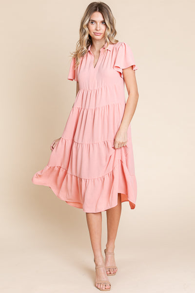 Collared V Neck Tiered Babydoll Midi Dress