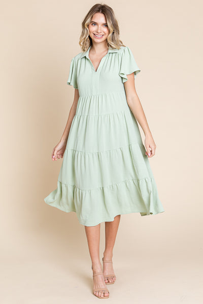 Collared V Neck Tiered Babydoll Midi Dress