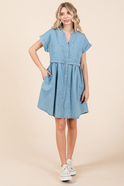 Short Sleeve Popover Waist Cotton Mini Denim Dress