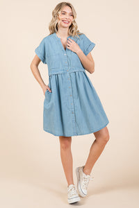 Short Sleeve Popover Waist Cotton Mini Denim Dress