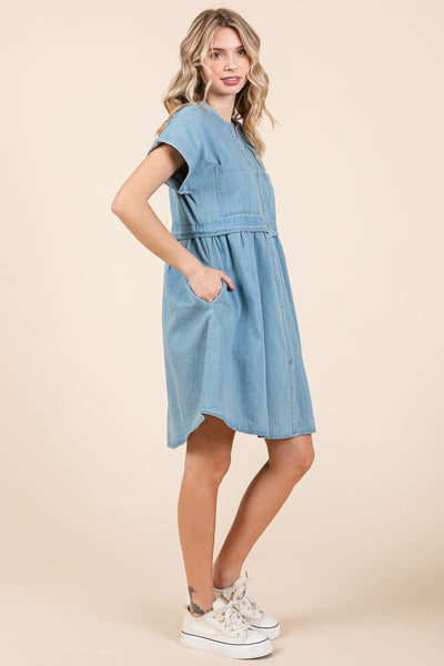 Short Sleeve Popover Waist Cotton Mini Denim Dress