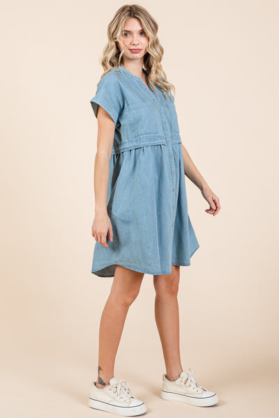 Short Sleeve Popover Waist Cotton Mini Denim Dress