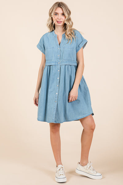 Short Sleeve Popover Waist Cotton Mini Denim Dress