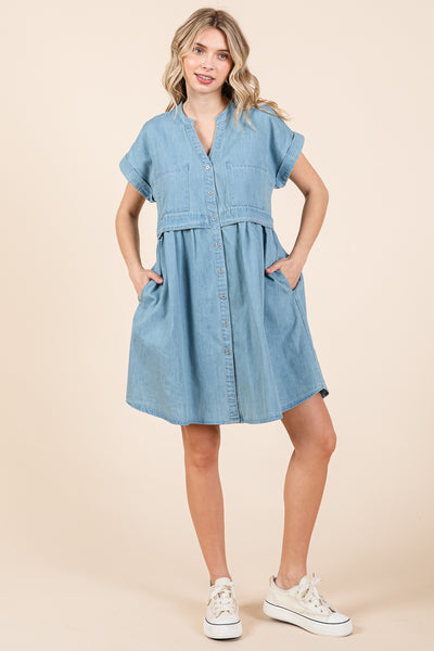 Short Sleeve Popover Waist Cotton Mini Denim Dress