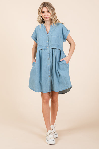 Short Sleeve Popover Waist Cotton Mini Denim Dress