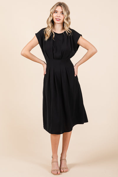 Pleated A Line Cap Sleeve Pocketed Midi Dress