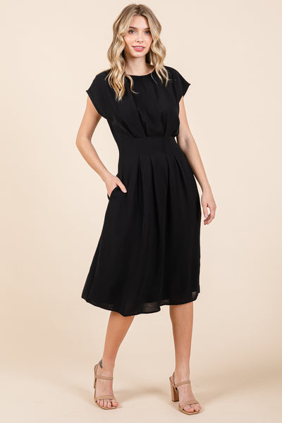 Pleated A Line Cap Sleeve Pocketed Midi Dress