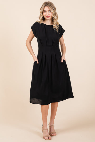 Pleated A Line Cap Sleeve Pocketed Midi Dress