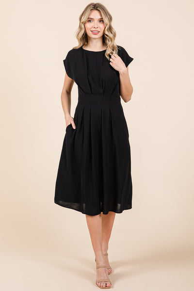 Pleated A Line Cap Sleeve Pocketed Midi Dress