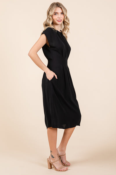 Pleated A Line Cap Sleeve Pocketed Midi Dress