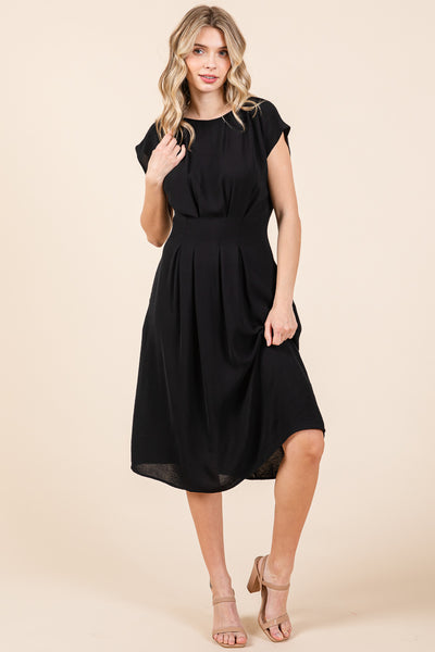 Pleated A Line Cap Sleeve Pocketed Midi Dress