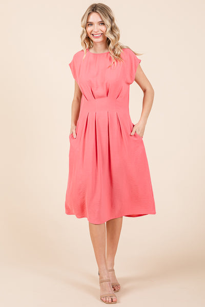 Pleated A Line Cap Sleeve Pocketed Midi Dress