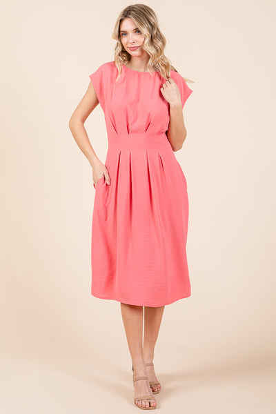 Pleated A Line Cap Sleeve Pocketed Midi Dress