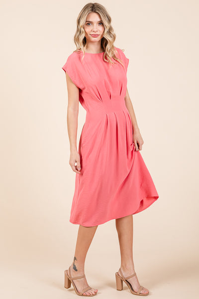 Pleated A Line Cap Sleeve Pocketed Midi Dress