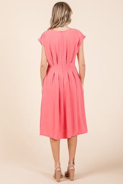 Pleated A Line Cap Sleeve Pocketed Midi Dress