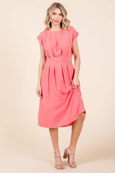 Pleated A Line Cap Sleeve Pocketed Midi Dress