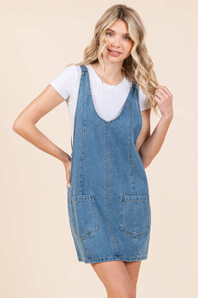 Scoop Neck Denim Short Overall Dress Skirtall