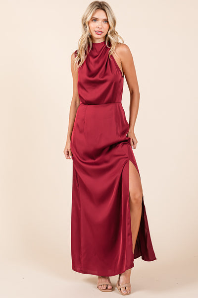 Asymmetric Ruched Satin Sleeveles Slit Maxi Dress