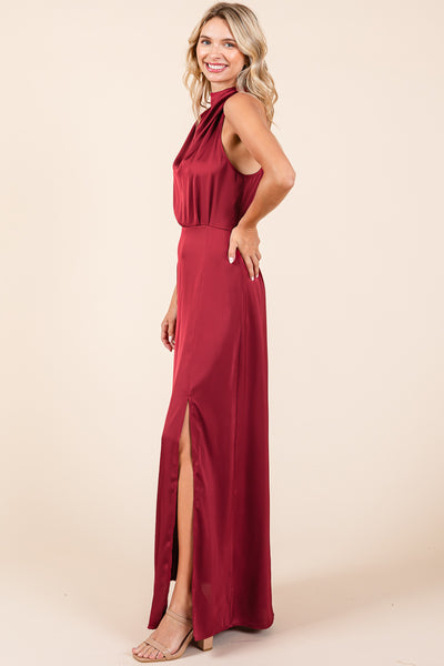 Asymmetric Ruched Satin Sleeveles Slit Maxi Dress