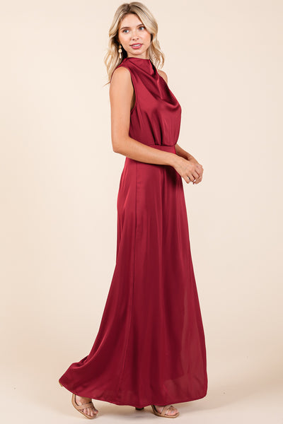 Asymmetric Ruched Satin Sleeveles Slit Maxi Dress