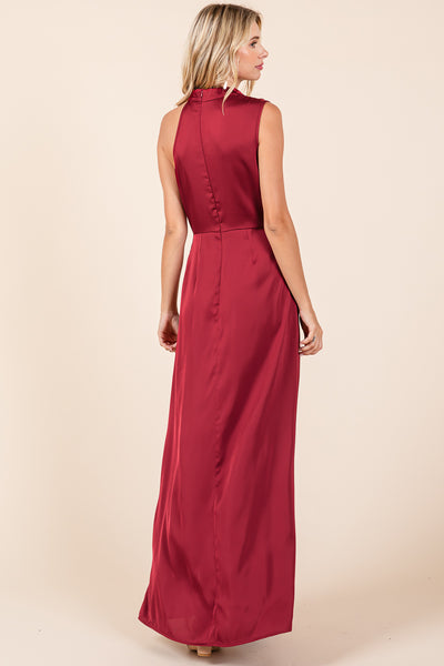 Asymmetric Ruched Satin Sleeveles Slit Maxi Dress