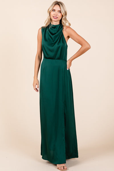 Asymmetric Ruched Satin Sleeveles Slit Maxi Dress