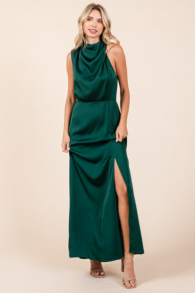 Asymmetric Ruched Satin Sleeveles Slit Maxi Dress