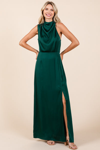 Asymmetric Ruched Satin Sleeveles Slit Maxi Dress