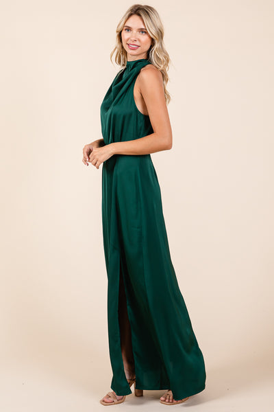 Asymmetric Ruched Satin Sleeveles Slit Maxi Dress