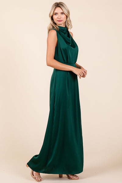 Asymmetric Ruched Satin Sleeveles Slit Maxi Dress