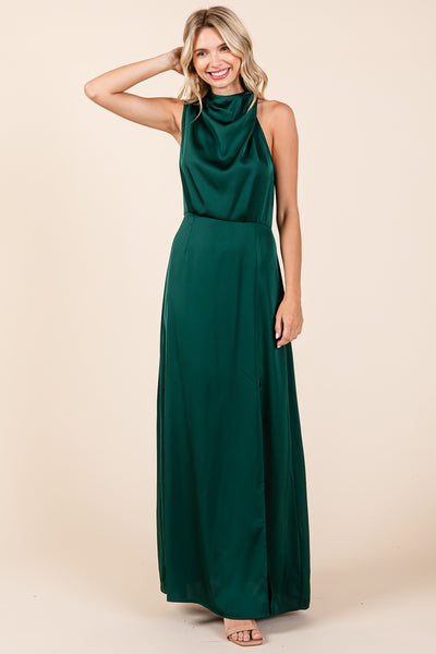 Asymmetric Ruched Satin Sleeveles Slit Maxi Dress