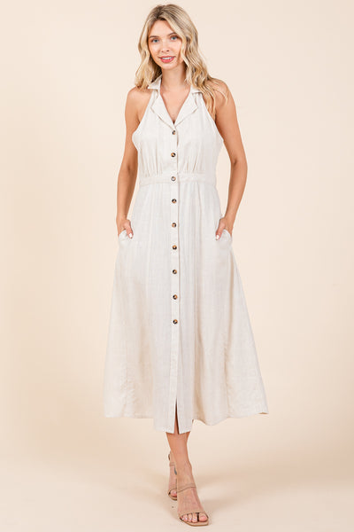 Collared Linen Button Down Split Midi Shirt Dress