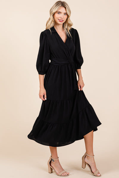 Collared V Neck Knotted Smock Waist Tiered Dress