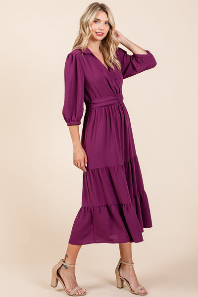 Collared V Neck Knotted Smock Waist Tiered Dress