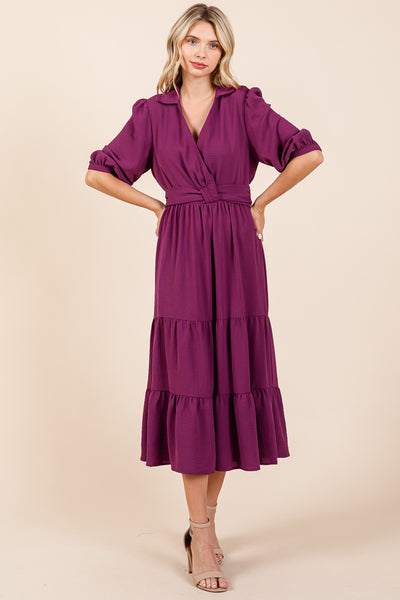 Collared V Neck Knotted Smock Waist Tiered Dress