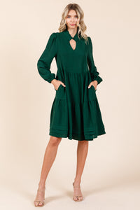 V Neck Long Sleeve Tiered Ruffle Hem Dress