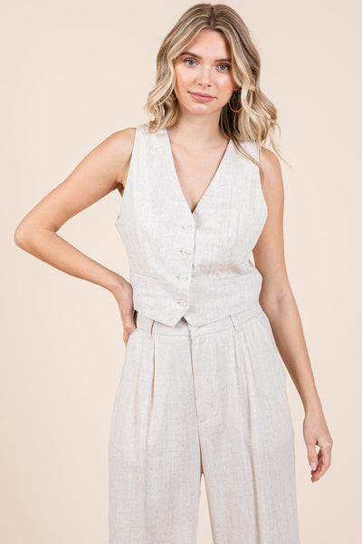 Linen Vest and Wide Leg Pants Two Piece Set