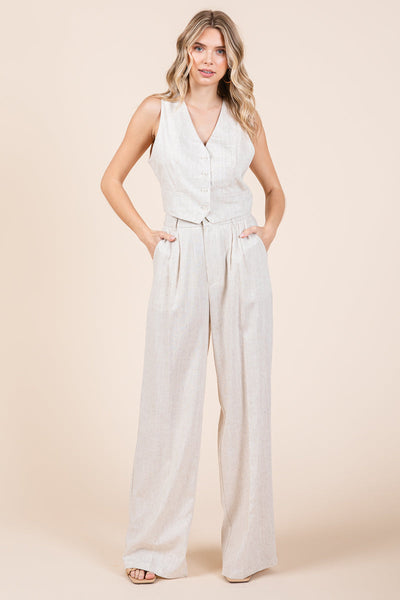 Linen Vest and Wide Leg Pants Two Piece Set