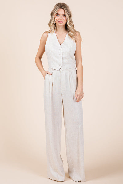 Linen Vest and Wide Leg Pants Two Piece Set