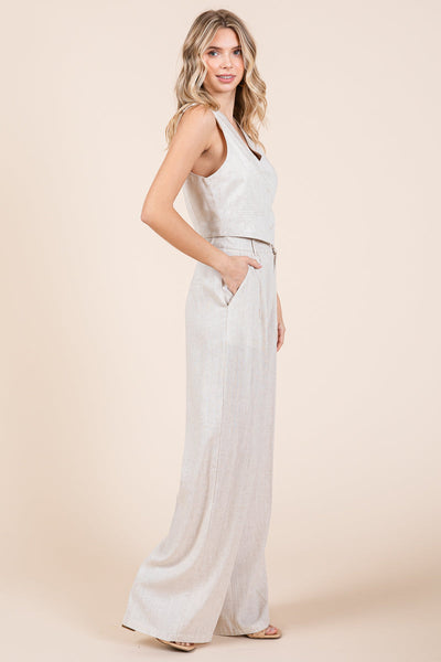 Linen Vest and Wide Leg Pants Two Piece Set