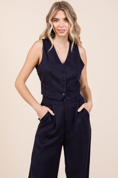 Linen Vest and Wide Leg Pants Two Piece Set