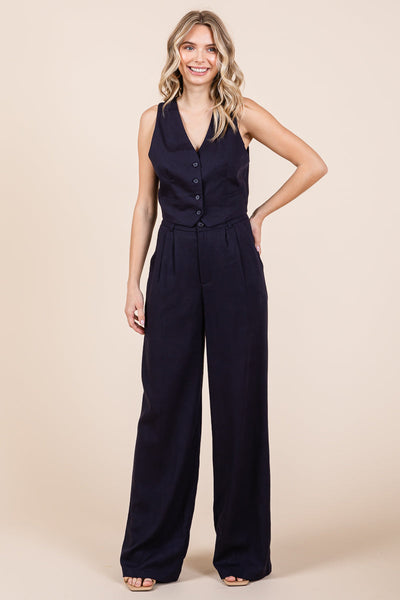 Linen Vest and Wide Leg Pants Two Piece Set