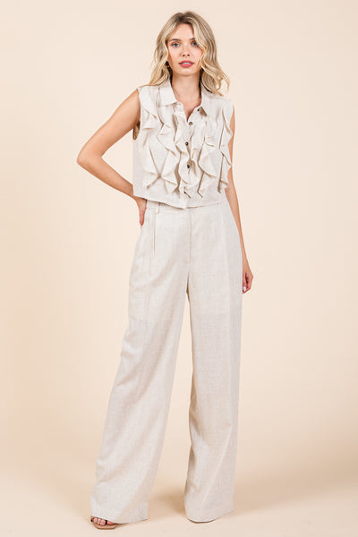 Two Piece Linen Ruffled Top and Wide Leg Pants Set