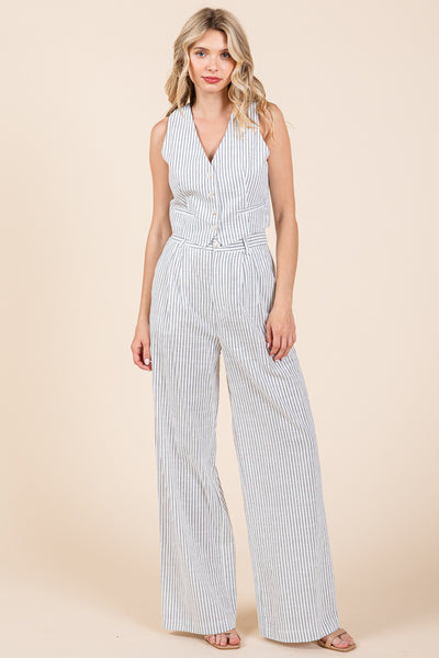 Striped Vest and Wide Leg Pants Two Piece Set