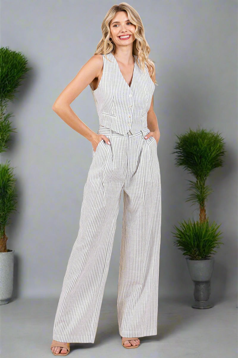 Striped Vest and Wide Leg Pants Two Piece Set