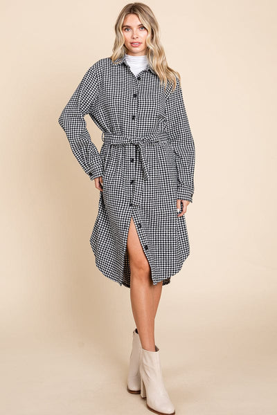 Belted Plaid and Houndstooth Shacket Shirt Dress