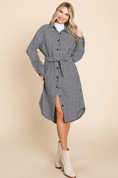 Belted Plaid and Houndstooth Shacket Shirt Dress