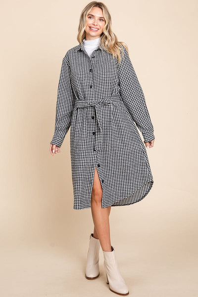 Belted Plaid and Houndstooth Shacket Shirt Dress